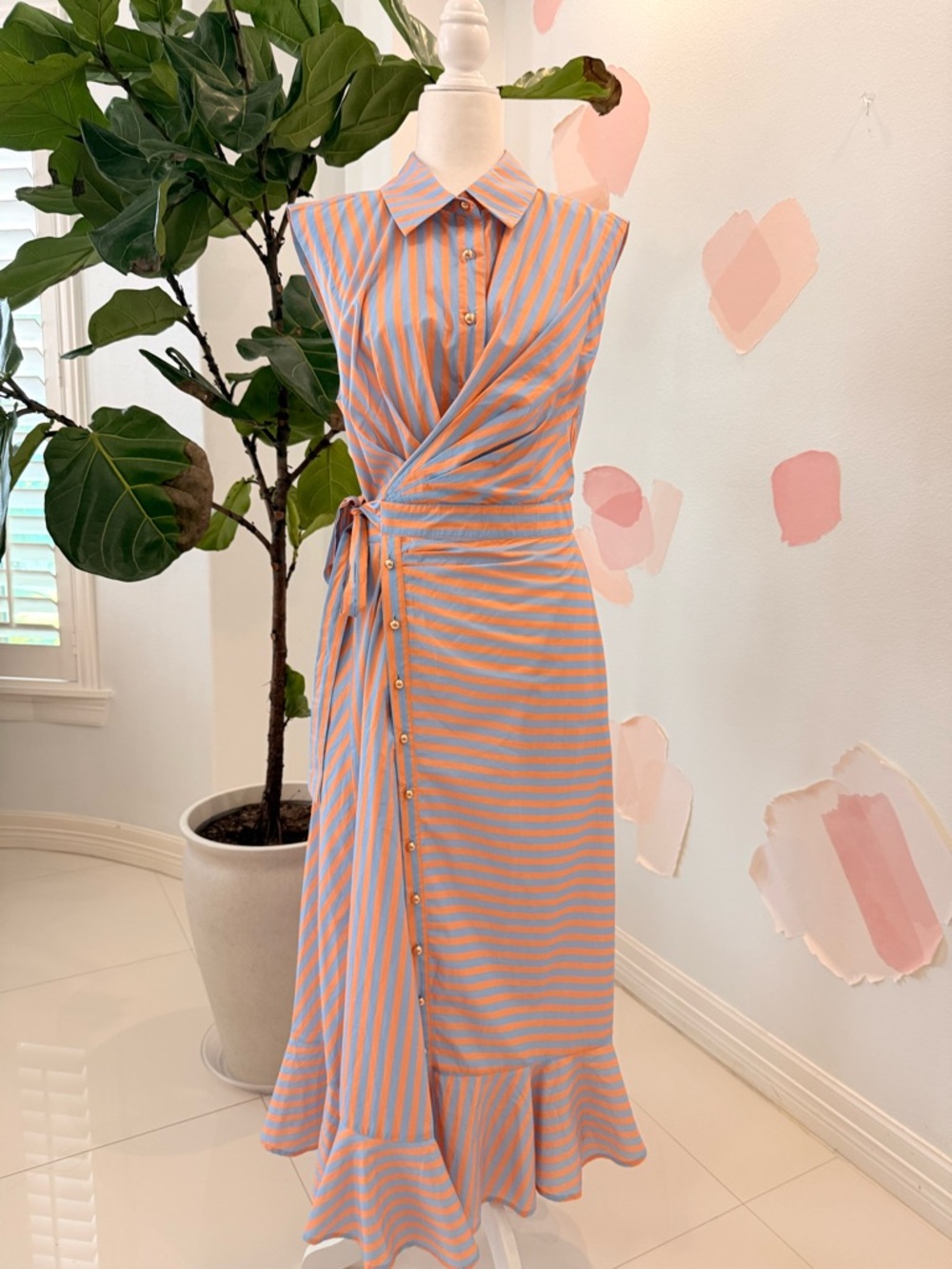 entro Peach and Light Blue Striped Wrap Midi Dress